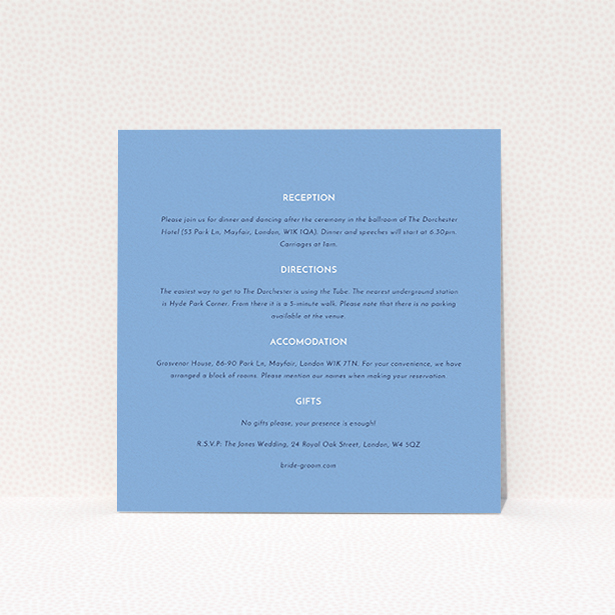 A wedding information sheet design titled "Olive branch stamp". It is a square (148mm x 148mm) card in a square orientation. "Olive branch stamp" is available as a flat card, with mainly light blue colouring.