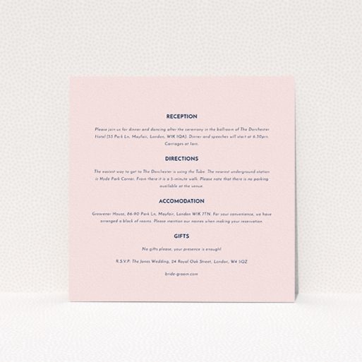 A wedding information sheet named "Olive branch stamp". It is a square (148mm x 148mm) card in a square orientation. "Olive branch stamp" is available as a flat card, with mainly light pink colouring.