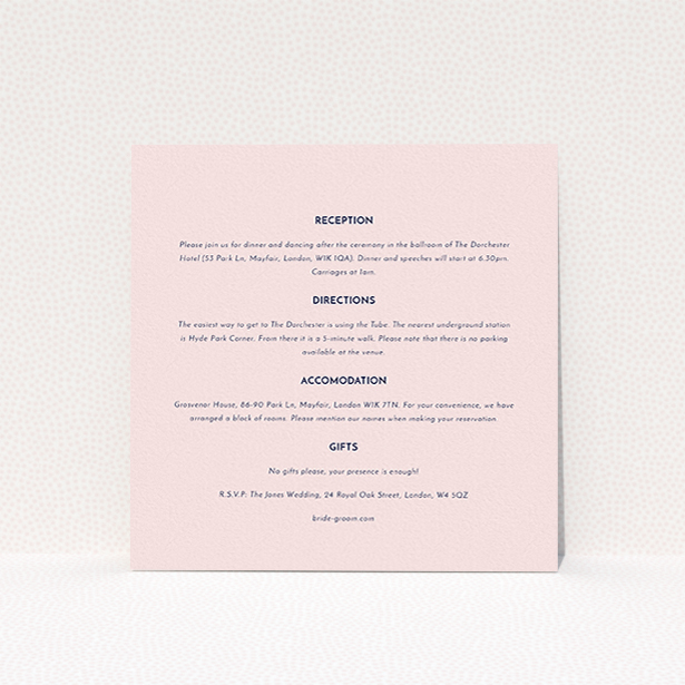 A wedding information sheet named "Olive branch stamp". It is a square (148mm x 148mm) card in a square orientation. "Olive branch stamp" is available as a flat card, with mainly light pink colouring.