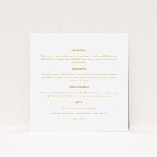 A wedding information sheet named "Olive branch stamp". It is a square (148mm x 148mm) card in a square orientation. "Olive branch stamp" is available as a flat card, with mainly white colouring.