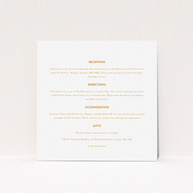 A wedding information sheet named "Olive branch stamp". It is a square (148mm x 148mm) card in a square orientation. "Olive branch stamp" is available as a flat card, with mainly white colouring.
