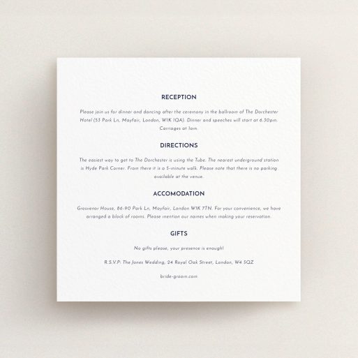 Wedding Information Insert Sheets - Olive Branch Stamp (Navy Blue) A wedding information sheet design titled "Olive branch stamp". It is a square (148mm x 148mm) card in a square orientation. "Olive branch stamp" is available as a flat card, with mainly white colouring.