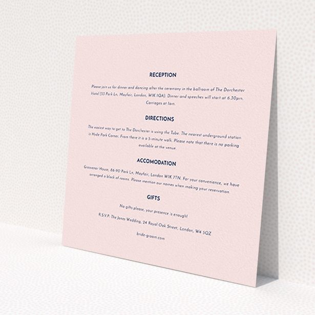 A wedding information sheet named 'Olive branch stamp'. It is a square (148mm x 148mm) card in a square orientation. 'Olive branch stamp' is available as a flat card, with mainly light pink colouring.