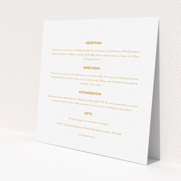 A wedding information sheet named 'Olive branch stamp'. It is a square (148mm x 148mm) card in a square orientation. 'Olive branch stamp' is available as a flat card, with mainly white colouring.