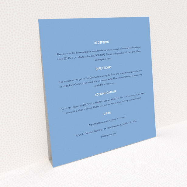 A wedding information sheet design titled "Olive branch stamp". It is a square (148mm x 148mm) card in a square orientation. "Olive branch stamp" is available as a flat card, with mainly light blue colouring.