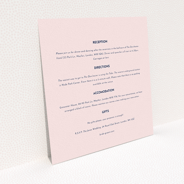 A wedding information sheet named "Olive branch stamp". It is a square (148mm x 148mm) card in a square orientation. "Olive branch stamp" is available as a flat card, with mainly light pink colouring.