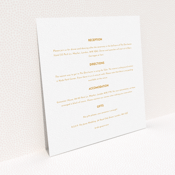 A wedding information sheet named "Olive branch stamp". It is a square (148mm x 148mm) card in a square orientation. "Olive branch stamp" is available as a flat card, with mainly white colouring.