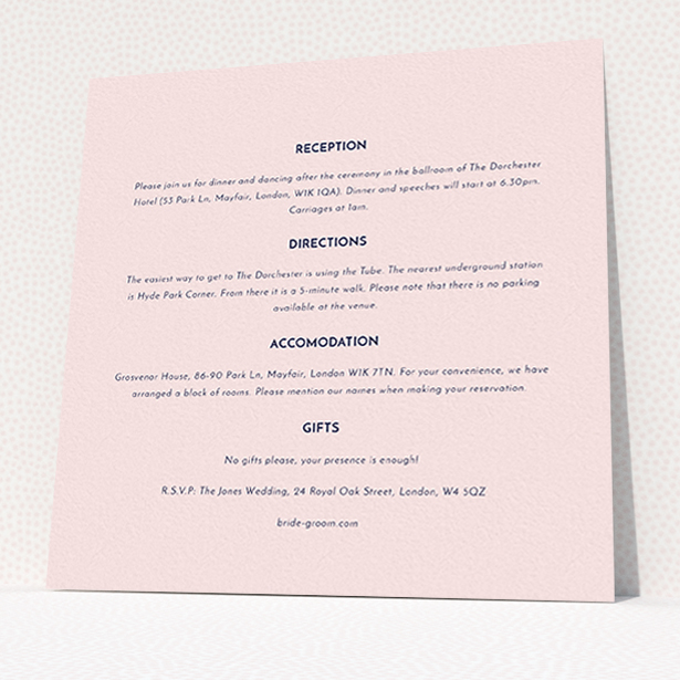 A wedding information sheet named "Olive branch stamp". It is a square (148mm x 148mm) card in a square orientation. "Olive branch stamp" is available as a flat card, with mainly light pink colouring.