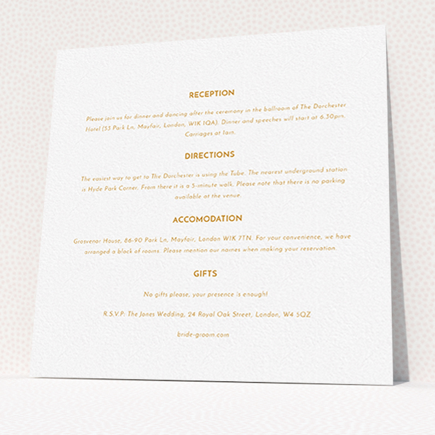 A wedding information sheet named "Olive branch stamp". It is a square (148mm x 148mm) card in a square orientation. "Olive branch stamp" is available as a flat card, with mainly white colouring.