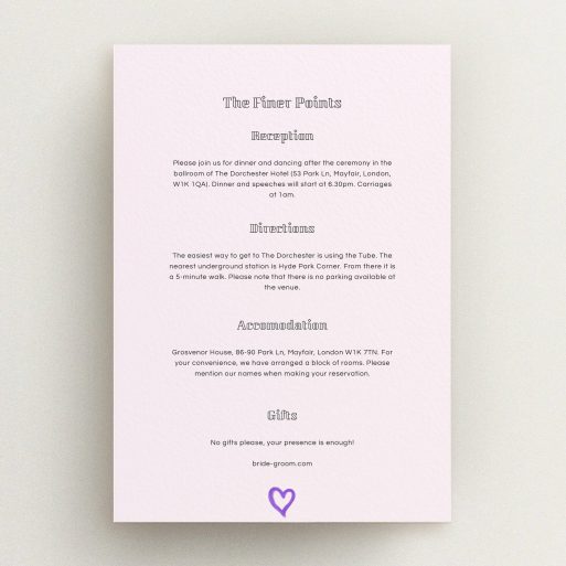 Wedding Information Sheet Design - "One little heart" A wedding information sheet template titled "One little heart". It is an A5 card in a portrait orientation. "One little heart" is available as a flat card, with mainly light pink colouring.