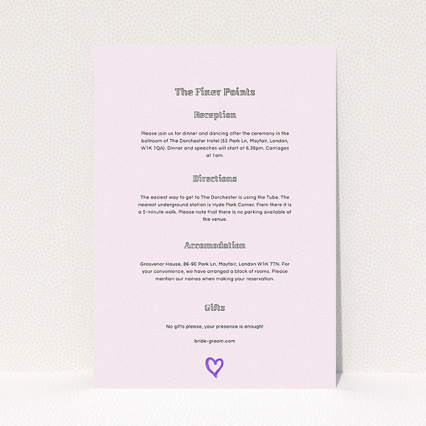 A wedding information sheet template titled "One little heart". It is an A5 card in a portrait orientation. "One little heart" is available as a flat card, with mainly light pink colouring.