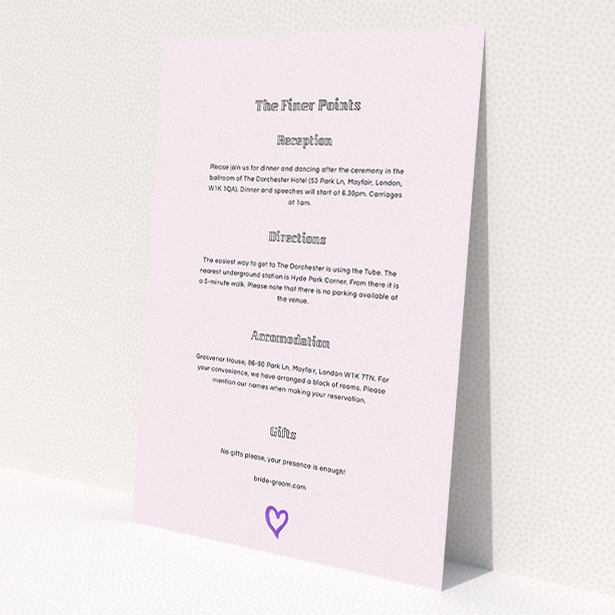 A wedding information sheet template titled 'One little heart'. It is an A5 card in a portrait orientation. 'One little heart' is available as a flat card, with mainly light pink colouring.