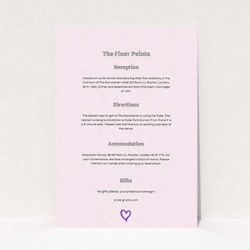 A wedding information sheet named "One little heart". It is an A6 card in a portrait orientation. "One little heart" is available as a flat card, with mainly light pink colouring.