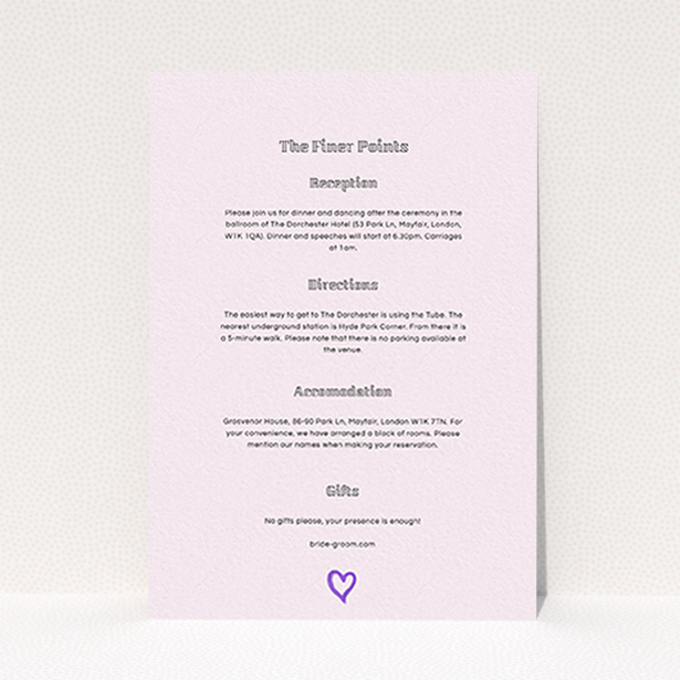 A wedding information sheet named "One little heart". It is an A6 card in a portrait orientation. "One little heart" is available as a flat card, with mainly light pink colouring.