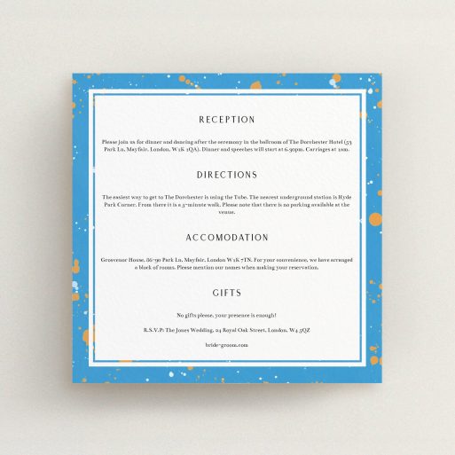 Wedding Information Sheet Design - "Orange Splatters" A wedding information sheet named "Orange Splatters". It is a square (148mm x 148mm) card in a square orientation. "Orange Splatters" is available as a flat card, with tones of blue and white.