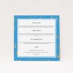 A wedding information sheet named "Orange Splatters". It is a square (148mm x 148mm) card in a square orientation. "Orange Splatters" is available as a flat card, with tones of blue and white.