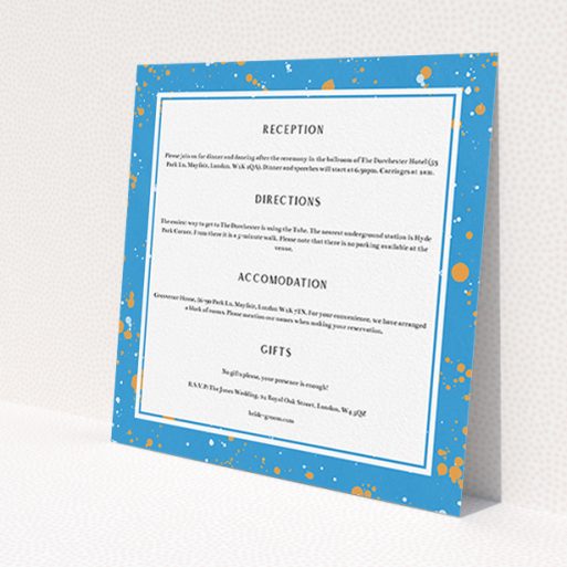 A wedding information sheet named 'Orange Splatters'. It is a square (148mm x 148mm) card in a square orientation. 'Orange Splatters' is available as a flat card, with tones of blue and white.