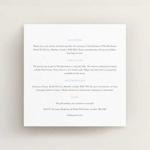 Wedding Information Insert Sheets - Pastel Flower Border (Light Blue) A wedding information sheet named "Pastel flower border". It is a square (148mm x 148mm) card in a square orientation. "Pastel flower border" is available as a flat card, with mainly white colouring.