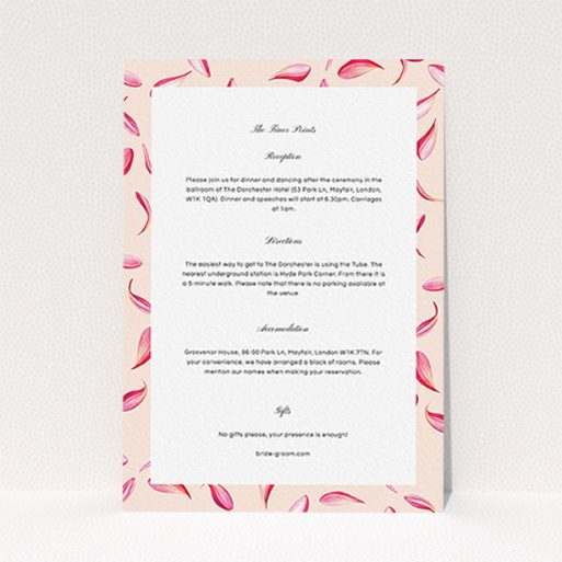 A wedding information sheet design named "Petal avalanche". It is an A6 card in a portrait orientation. "Petal avalanche" is available as a flat card, with tones of pink and dark pink.