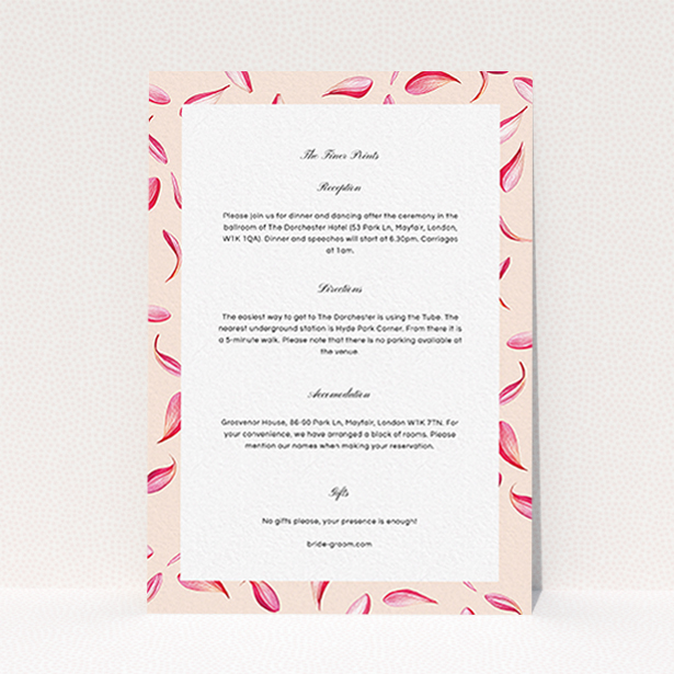 A wedding information sheet design named "Petal avalanche". It is an A6 card in a portrait orientation. "Petal avalanche" is available as a flat card, with tones of pink and dark pink.
