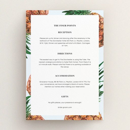 Wedding Information Sheet Design - "Pineapples falling" A wedding information sheet called "Pineapples falling". It is an A5 card in a portrait orientation. "Pineapples falling" is available as a flat card, with tones of light blue and brown.