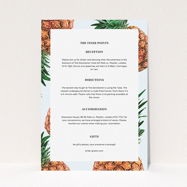 A wedding information sheet called "Pineapples falling". It is an A5 card in a portrait orientation. "Pineapples falling" is available as a flat card, with tones of light blue and brown.