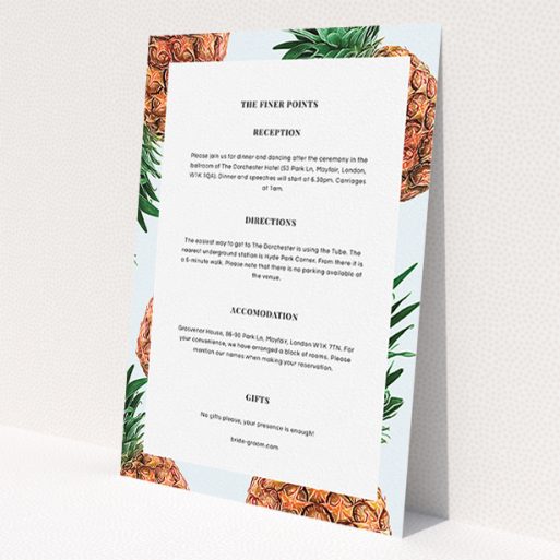 A wedding information sheet called 'Pineapples falling'. It is an A5 card in a portrait orientation. 'Pineapples falling' is available as a flat card, with tones of light blue and brown.