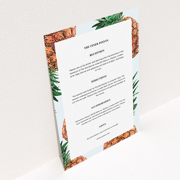 A wedding information sheet called "Pineapples falling". It is an A5 card in a portrait orientation. "Pineapples falling" is available as a flat card, with tones of light blue and brown.