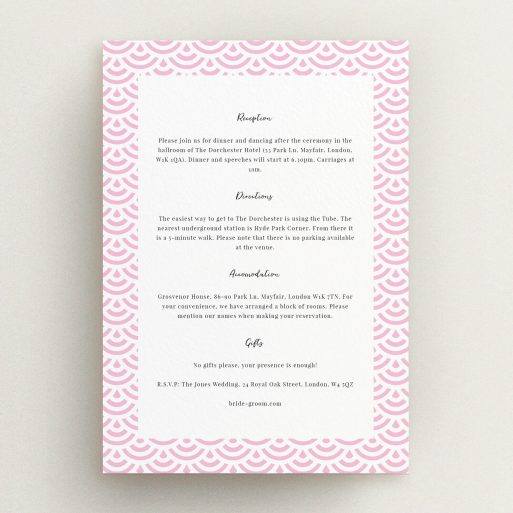 Wedding Information Sheet Design - "Pink Fans" A wedding information sheet design called "Pink Fans". It is an A5 card in a portrait orientation. "Pink Fans" is available as a flat card, with mainly light pink colouring.