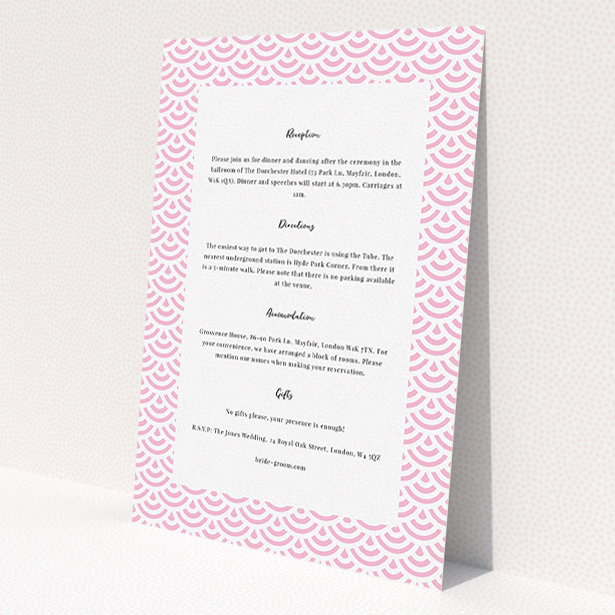 A wedding information sheet design called "Pink Fans". It is an A5 card in a portrait orientation. "Pink Fans" is available as a flat card, with mainly light pink colouring.