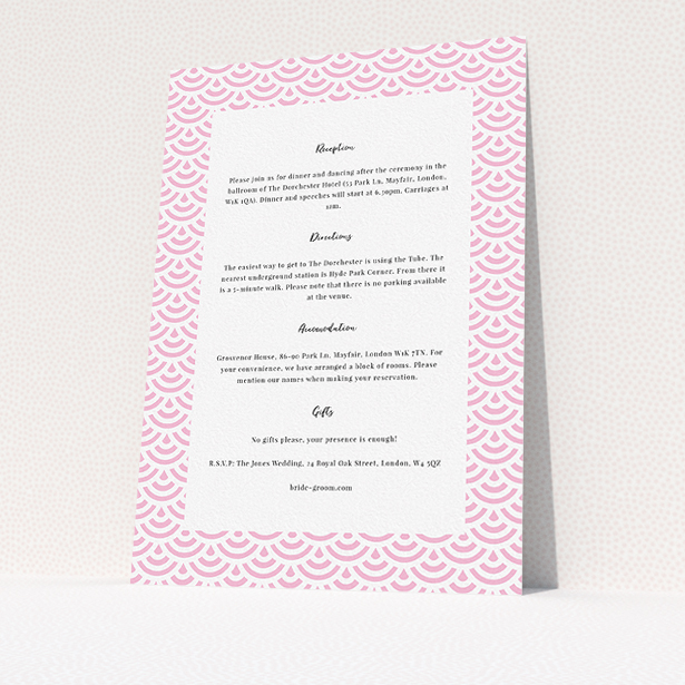 A wedding information sheet design called "Pink Fans". It is an A5 card in a portrait orientation. "Pink Fans" is available as a flat card, with mainly light pink colouring.