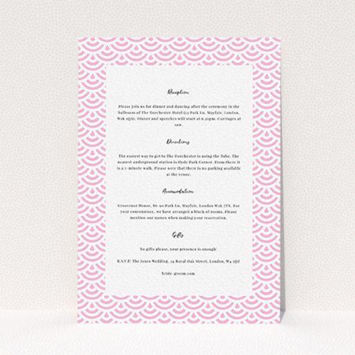 A wedding information sheet called "Pink Fans". It is an A6 card in a portrait orientation. "Pink Fans" is available as a flat card, with mainly light pink colouring.