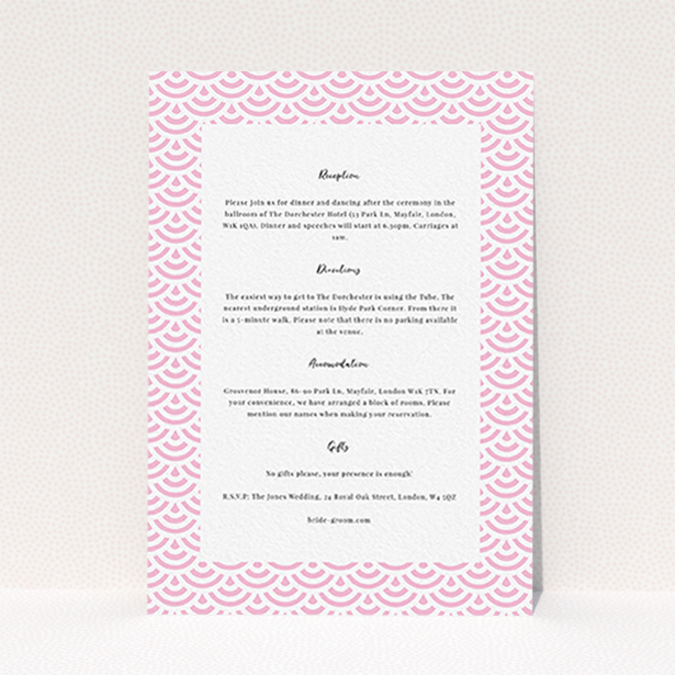 A wedding information sheet called "Pink Fans". It is an A6 card in a portrait orientation. "Pink Fans" is available as a flat card, with mainly light pink colouring.