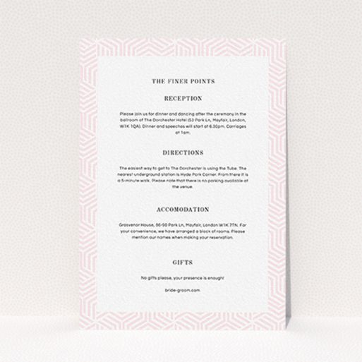 A wedding information sheet design titled "Pink geometric maze". It is an A6 card in a portrait orientation. "Pink geometric maze" is available as a flat card, with tones of light pink and white.