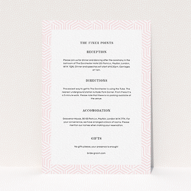 A wedding information sheet design titled "Pink geometric maze". It is an A6 card in a portrait orientation. "Pink geometric maze" is available as a flat card, with tones of light pink and white.