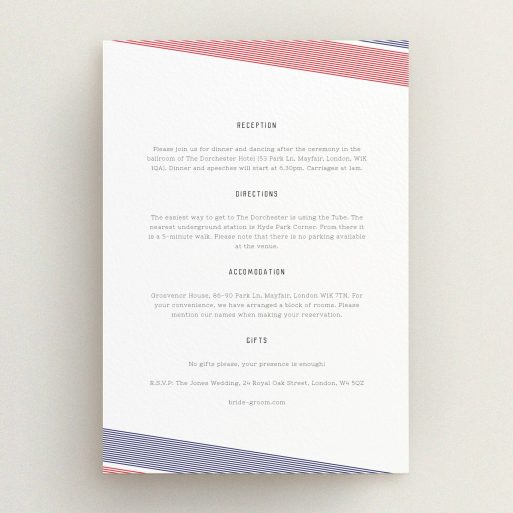 Wedding Information Sheet Design - "Preppy Lines" A wedding information sheet called "Preppy Lines". It is an A5 card in a portrait orientation. "Preppy Lines" is available as a flat card, with tones of white and red.