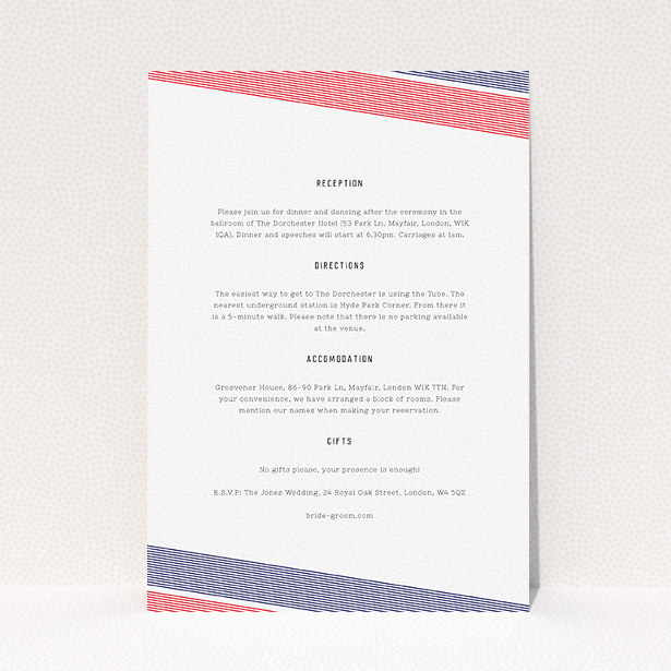 A wedding information sheet called "Preppy Lines". It is an A5 card in a portrait orientation. "Preppy Lines" is available as a flat card, with tones of white and red.