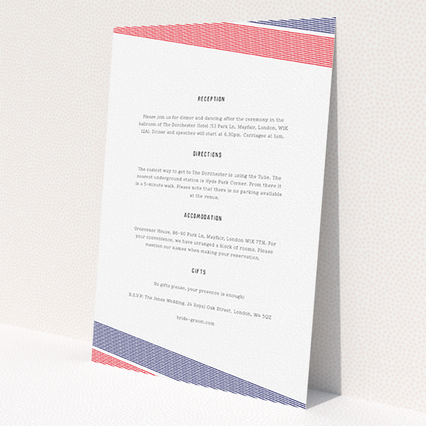 A wedding information sheet called "Preppy Lines". It is an A5 card in a portrait orientation. "Preppy Lines" is available as a flat card, with tones of white and red.