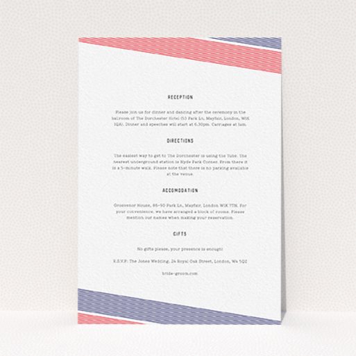A wedding information sheet design called "Preppy Lines". It is an A6 card in a portrait orientation. "Preppy Lines" is available as a flat card, with tones of white and red.