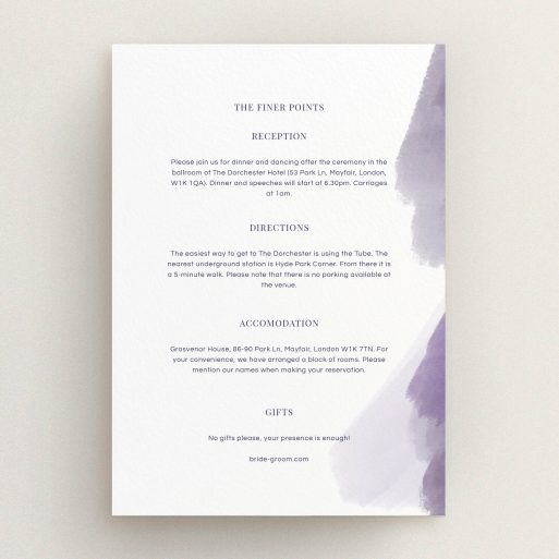 Wedding Information Sheet Design - "Purple halftone" A wedding information sheet design titled "Purple halftone". It is an A5 card in a portrait orientation. "Purple halftone" is available as a flat card, with tones of white and purple.