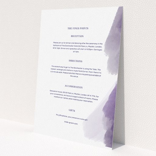 A wedding information sheet design titled 'Purple halftone'. It is an A5 card in a portrait orientation. 'Purple halftone' is available as a flat card, with tones of white and purple.