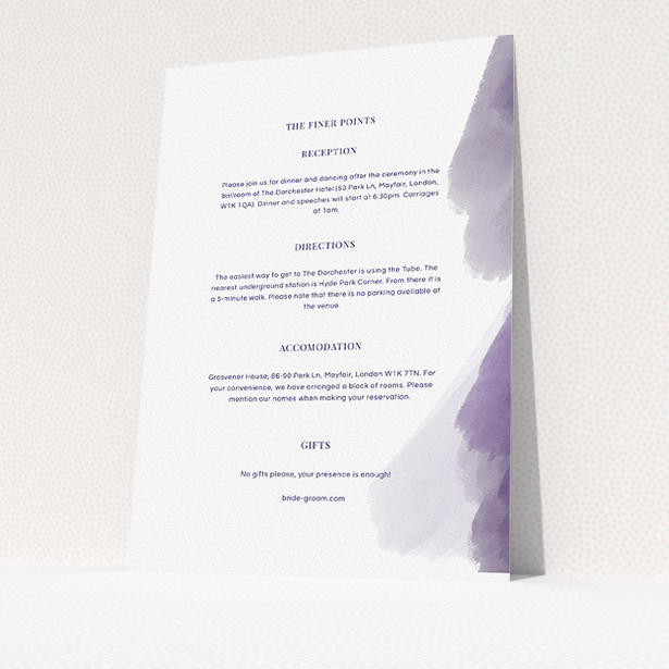 A wedding information sheet design titled "Purple halftone". It is an A5 card in a portrait orientation. "Purple halftone" is available as a flat card, with tones of white and purple.