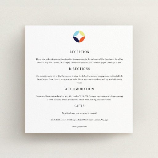 Wedding Information Sheet Design - "Round and Round" A wedding information sheet design called "Round and Round". It is a square (148mm x 148mm) card in a square orientation. "Round and Round" is available as a flat card, with tones of white and blue.