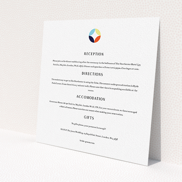 A wedding information sheet design called "Round and Round". It is a square (148mm x 148mm) card in a square orientation. "Round and Round" is available as a flat card, with tones of white and blue.