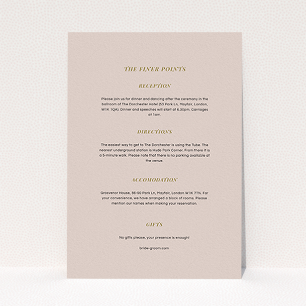 A wedding information sheet design titled "Royal oak". It is an A6 card in a portrait orientation. "Royal oak" is available as a flat card, with mainly dark cream colouring.