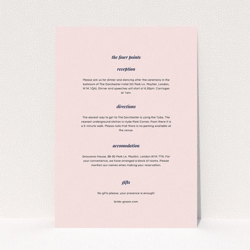 A wedding information sheet template titled "Script switch". It is an A5 card in a portrait orientation. "Script switch" is available as a flat card, with mainly light pink colouring.