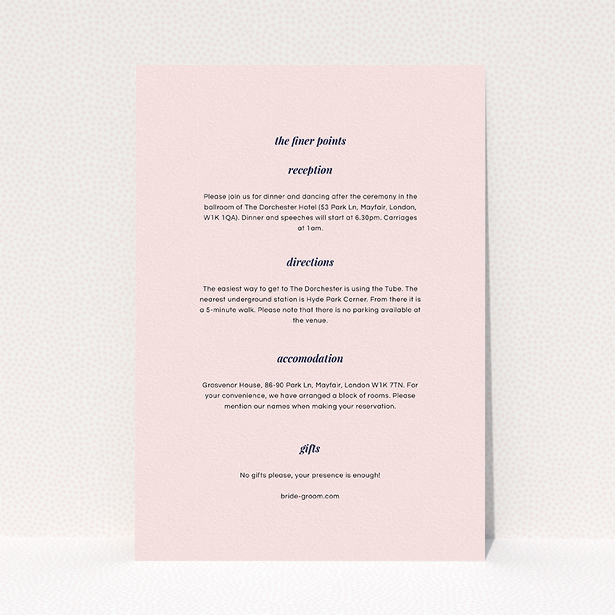 A wedding information sheet template titled "Script switch". It is an A5 card in a portrait orientation. "Script switch" is available as a flat card, with mainly light pink colouring.