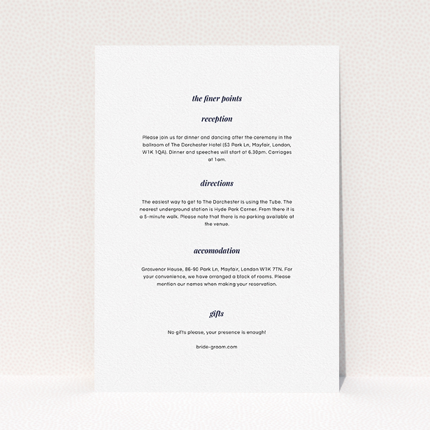 A wedding information sheet named "Script switch". It is an A5 card in a portrait orientation. "Script switch" is available as a flat card, with mainly white colouring.