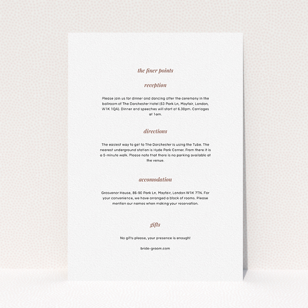 A wedding information sheet template titled "Script switch". It is an A5 card in a portrait orientation. "Script switch" is available as a flat card, with mainly white colouring.