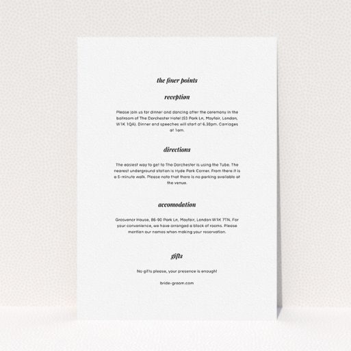 A wedding information sheet called "Script switch". It is an A5 card in a portrait orientation. "Script switch" is available as a flat card, with mainly white colouring.